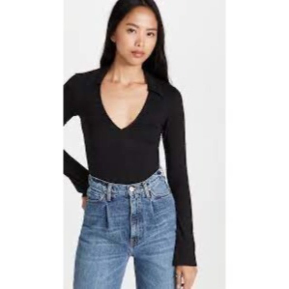 Ninety Percent Shirt Womens XS Black Long Sleeve Fitted Deep VNeck Blouse Casual